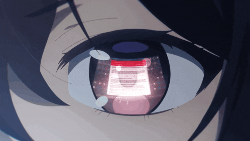a close up of a girl 's eye with a glowing display in it