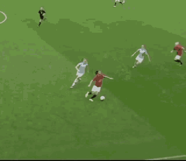 a group of soccer players are playing a game on a soccer field