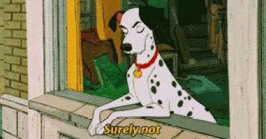 a dalmatian dog is looking out of a window with the words surely not below it