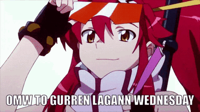 a picture of a girl with the words omw to gurren lagann wednesday on it