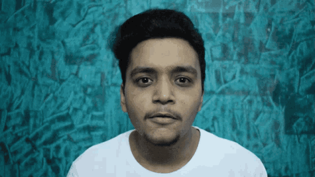 a man wearing a white shirt looks at the camera with a blue background