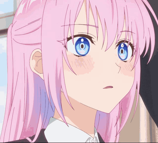 a close up of a pink haired anime character with blue eyes