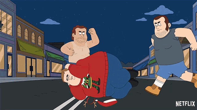 a cartoon of a man wearing an ugly christmas sweater with a christmas tree on it