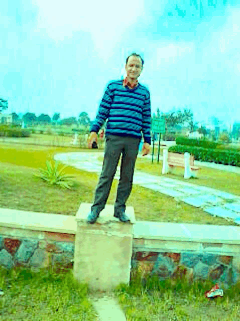 a man in a striped sweater is standing on a stone block in a park