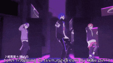 a group of people are dancing on a stage with the words tyler listening to teenage dream by katy perry