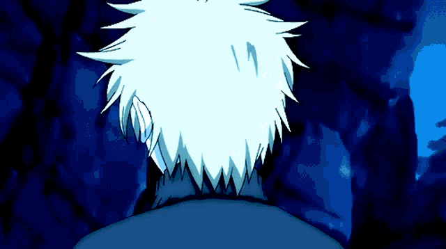 a drawing of a person with white hair in a dark blue background