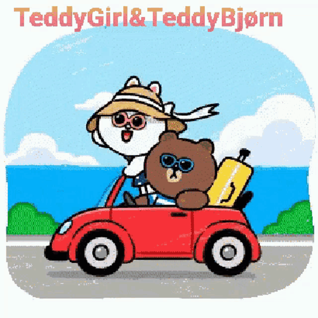 a cartoon of teddy girl and teddy bjorn riding in a red car