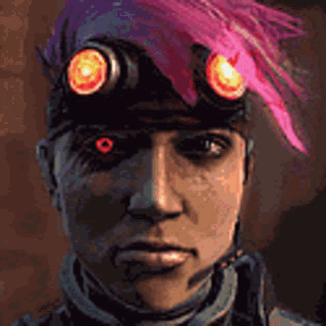 a woman with pink hair and red eyes is wearing a headband with goggles on .