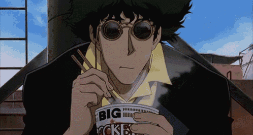 a cowboy bebop character is eating a bowl of big noodles
