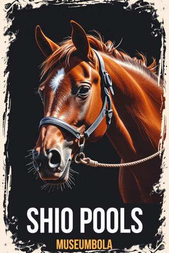 a poster for shio pools museumbola shows a brown horse wearing a bridle
