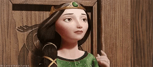 a cartoon girl with a crown on her head is standing next to a wooden door