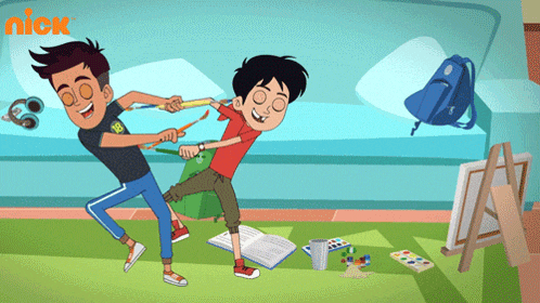 a cartoon of two boys playing with brushes with the nick logo in the corner