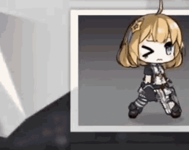 a little girl is holding a gun in a video game and making a funny face .