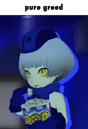 a cartoon character holding a bag of pop corn with the words pure greed written above her
