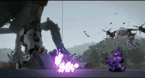 a robot is being destroyed by a drone with purple flames