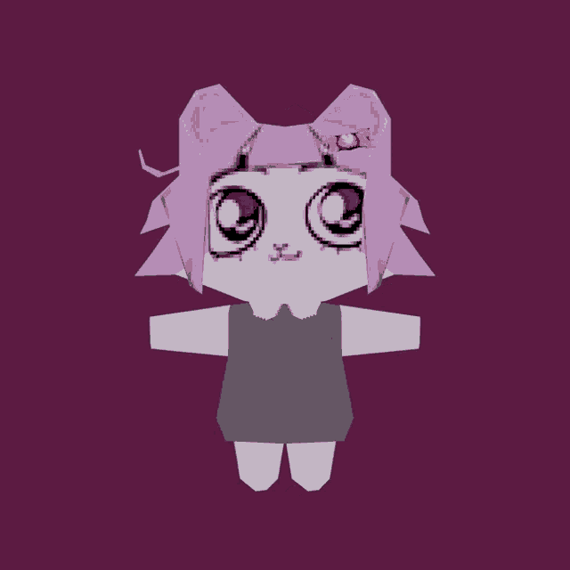 a 3d model of a cat with purple hair and black eyes