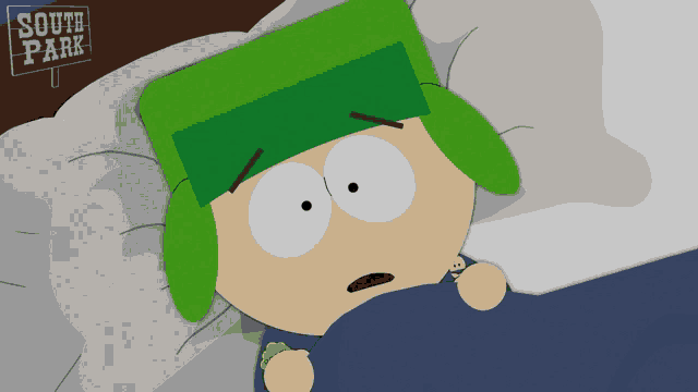 a cartoon character laying in bed with a sign that says south park