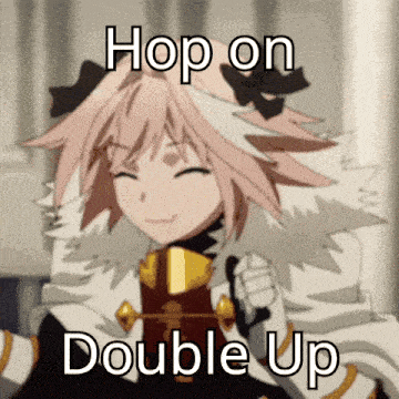 a picture of a girl with the words hop on double up on it