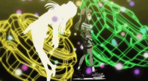 a girl in a striped shirt is standing in front of a glowing sphere