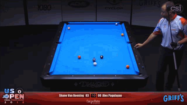 a pool player wearing a shirt that says usa is playing pool