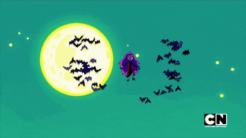 a cartoon character says " maniacal laughter " while surrounded by bats