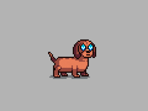 a pixel art of a dog with blue eyes