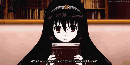 a girl with long black hair is holding a book and says what will become of ignicious and dire