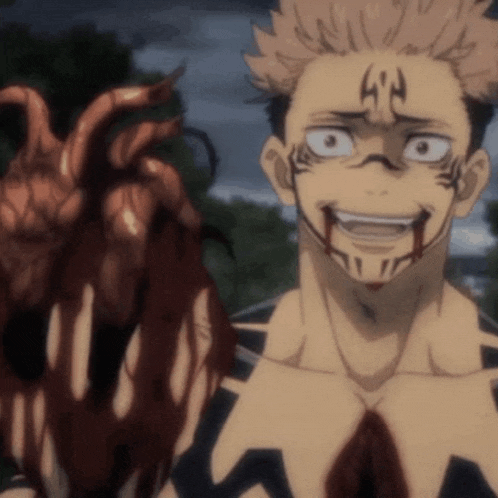 a man with blood coming out of his mouth is smiling