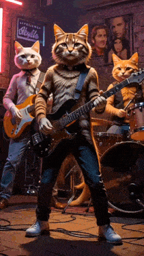 a group of cats playing guitars and drums in front of a sign that says ' acapulco '