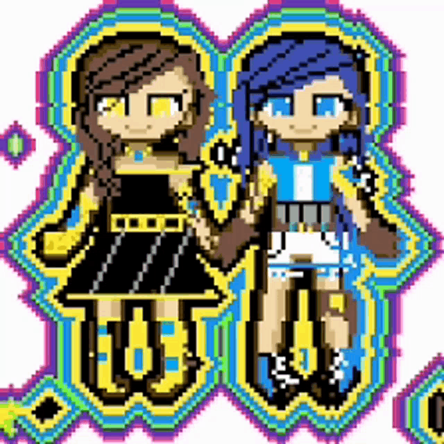 a pixel art drawing of two girls standing next to each other with the letter w in the middle