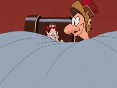 a cartoon of a man wearing a roman helmet laying in a bed