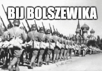 a black and white photo of a military parade with the words bij bolszewika written on the bottom .