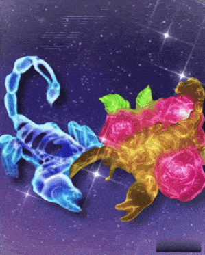 a blue scorpion and a yellow scorpion are surrounded by pink roses on a purple background