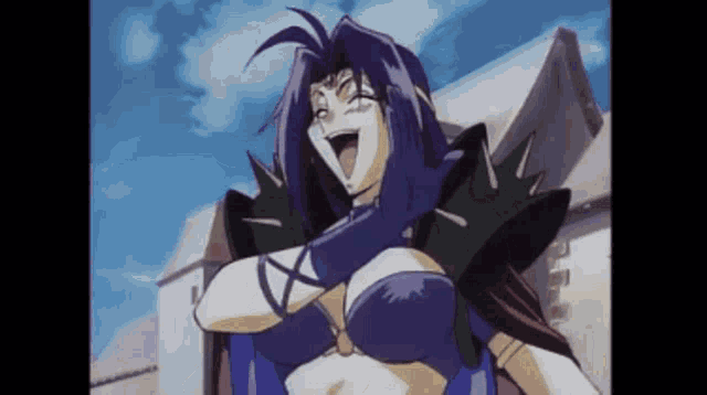 a cartoon character with purple hair is laughing and wearing a black glove .