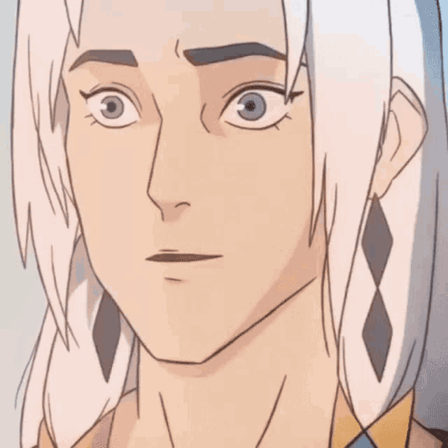 a close up of a cartoon character 's face with long white hair .