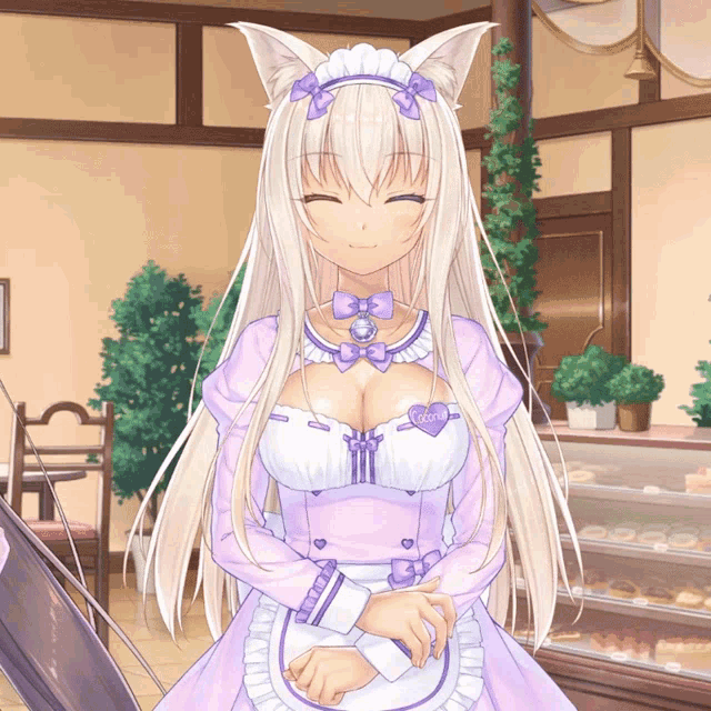 a girl in a maid outfit with a purple heart on her chest