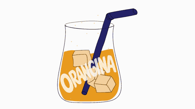 a glass of orangina with ice and a blue straw