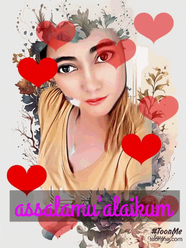 a picture of a woman with hearts around her and the words " assalamu 'alaikum " on the bottom