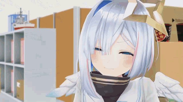 a 3d anime girl with white hair and blue highlights