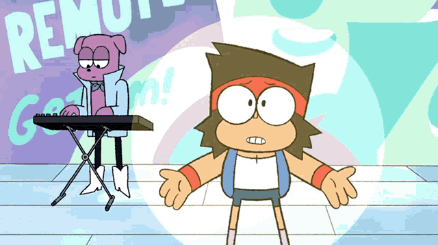 a cartoon character is standing in front of a sign that says remo