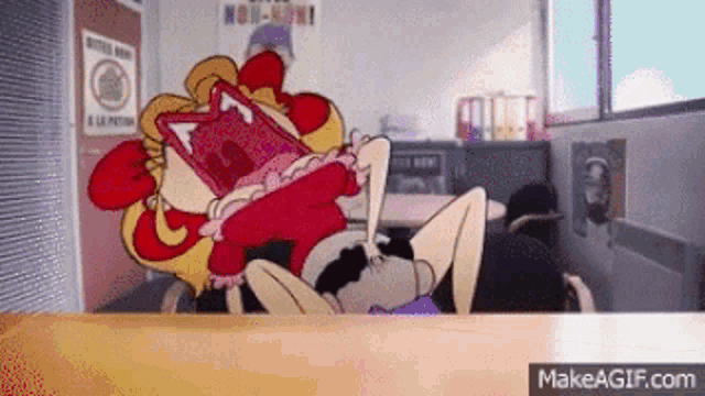 a cartoon character is sitting at a desk in a classroom with a sign on the wall that says no smoking .