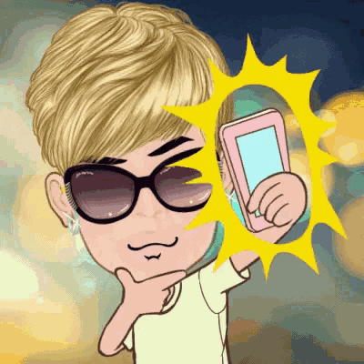 a cartoon character wearing sunglasses is holding a cell phone in his hand