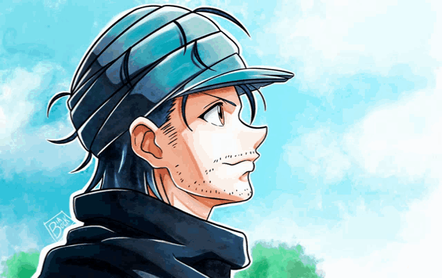 a drawing of a man wearing a blue hat with the letters bm on the bottom right