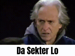 a man with gray hair is making a funny face and the words da sekitar lo are written below him .