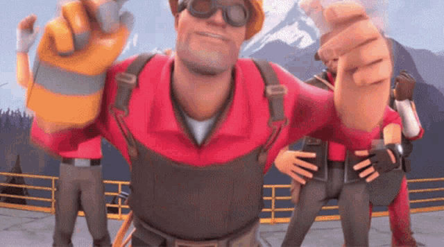 a group of cartoon characters are standing next to each other and one of them is pointing at the camera .