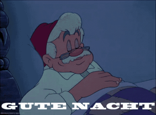 a cartoon of an old man laying in bed with the words gute nacht written below him