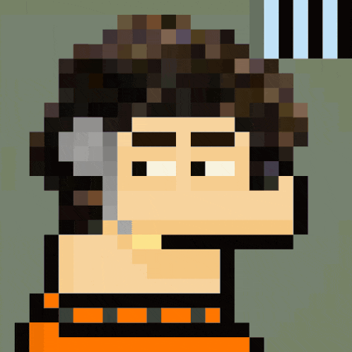 a pixel art of a man with headphones on his head