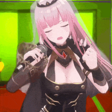 a pink haired anime girl is singing into a microphone .