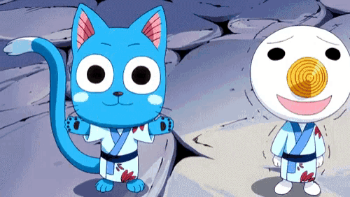 two cartoon characters are standing next to each other one is a blue cat and the other is a white snowman
