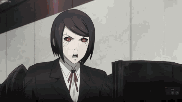 a black and white anime character with red eyes and a suit